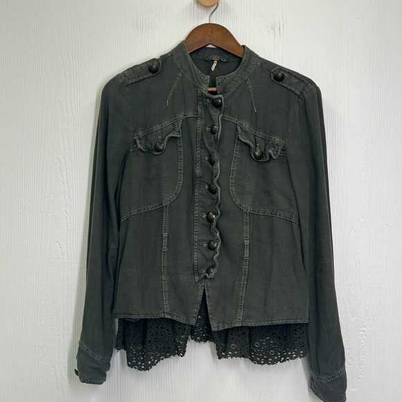 Free People - Emilia Linen Blend Military Olive Color Lace Trim Army Jacket XS - Picture 10 of 14